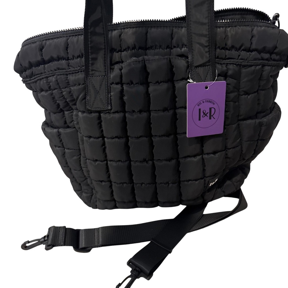 Iris & Rainbow Puffer Tote Bag Women Medium Black Quilted Crossbody Strap